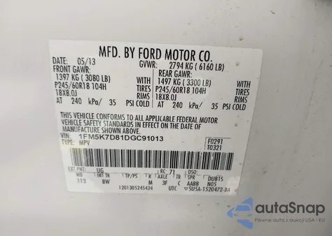 2013 Ford Explorer Xlt из США, поврежденный, VIN 1FM5K7D81DGC91013